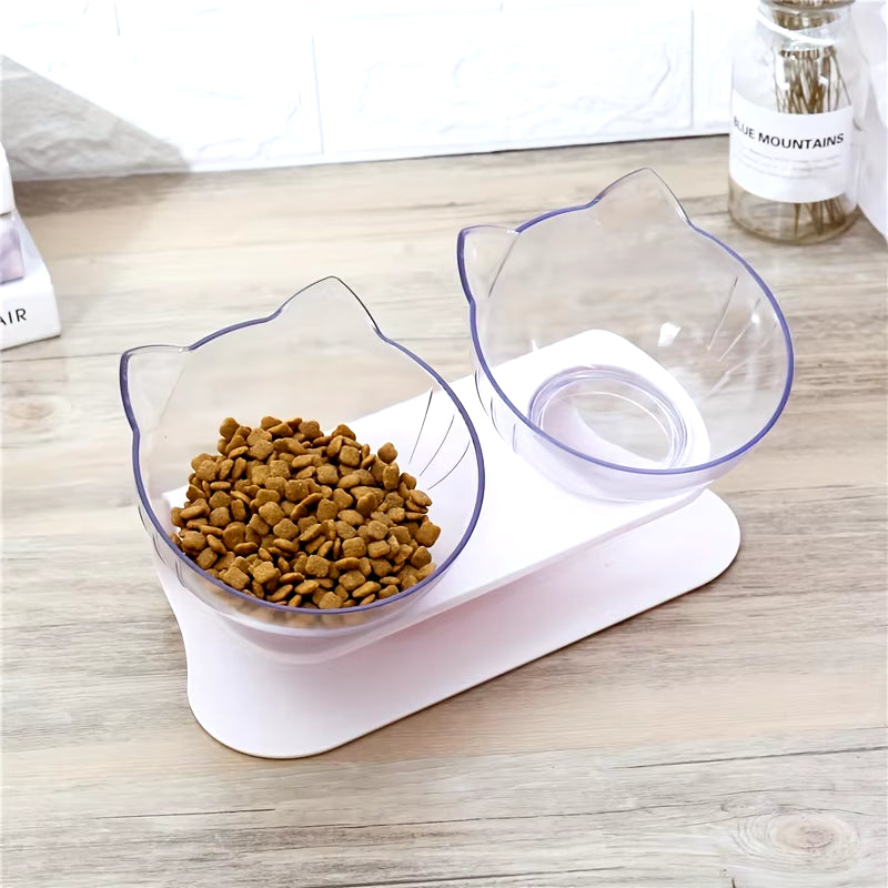 Double Cat Bowls - Raised Pet Food and Water Bowls for Cats and Small Dogs - Non-Slip Plastic Cat Bowl with Removable Stainless