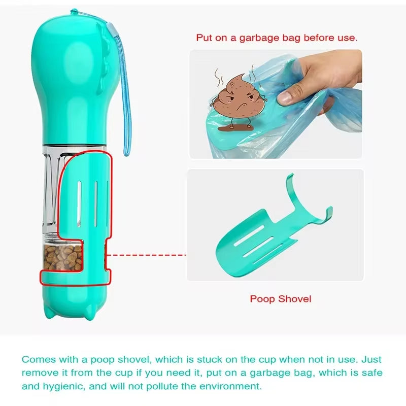 🐾 3-in-1 Portable Pet Water Bottle – Hydration, Food Feeder & Poop Bag Dispenser 🧳💧