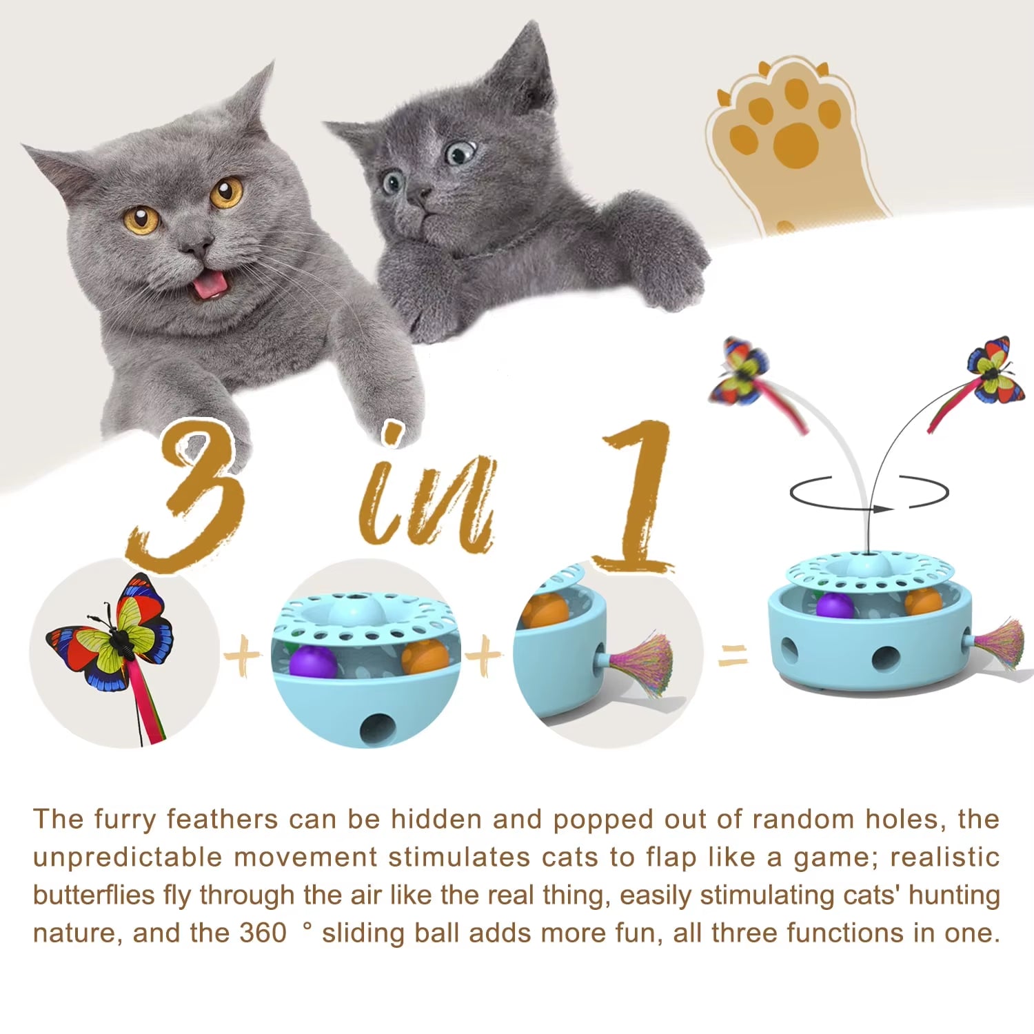 Cat Toys 3-In-1 Smart Interactive Electronictoy, Fluttering Butterfly, Ambush Feather,Battery Powered, Indoor Exercise Cat Toy