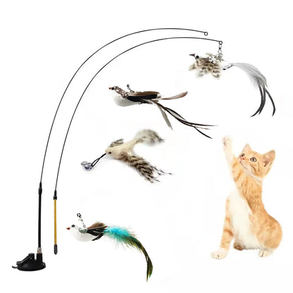 Simulation Bird Interactive Funny Cat Stick Toy Furry Feather Bird with Bell Sucker Cat Stick Toy Kitten Playing Pet Accessories