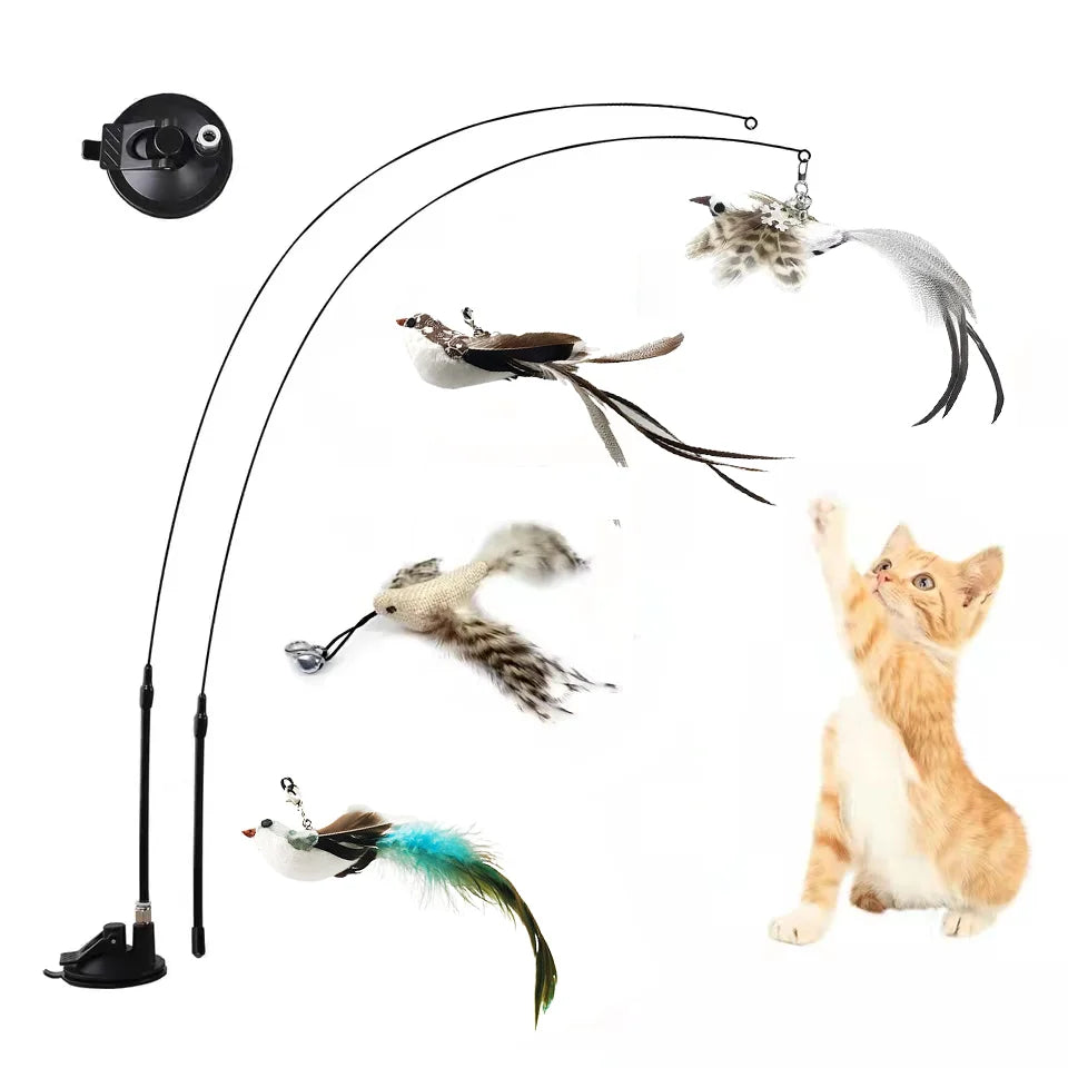 Simulation Bird Interactive Funny Cat Stick Toy Furry Feather Bird with Bell Sucker Cat Stick Toy Kitten Playing Pet Accessories