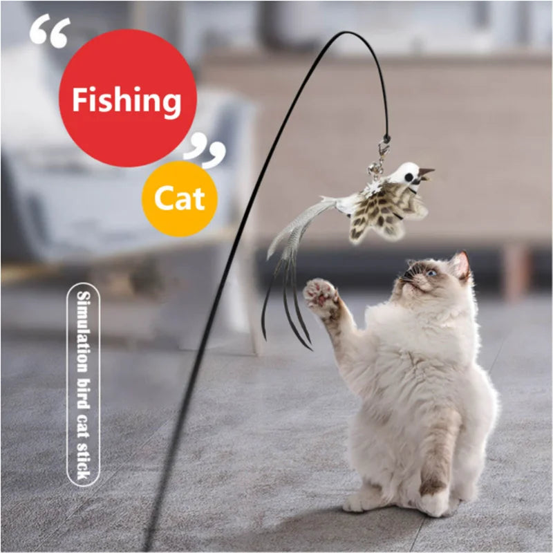 Simulation Bird Interactive Funny Cat Stick Toy Furry Feather Bird with Bell Sucker Cat Stick Toy Kitten Playing Pet Accessories