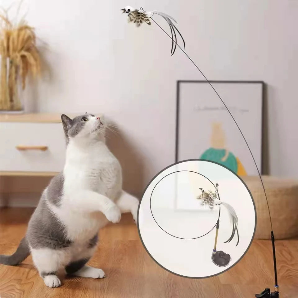 Simulation Bird Interactive Funny Cat Stick Toy Furry Feather Bird with Bell Sucker Cat Stick Toy Kitten Playing Pet Accessories